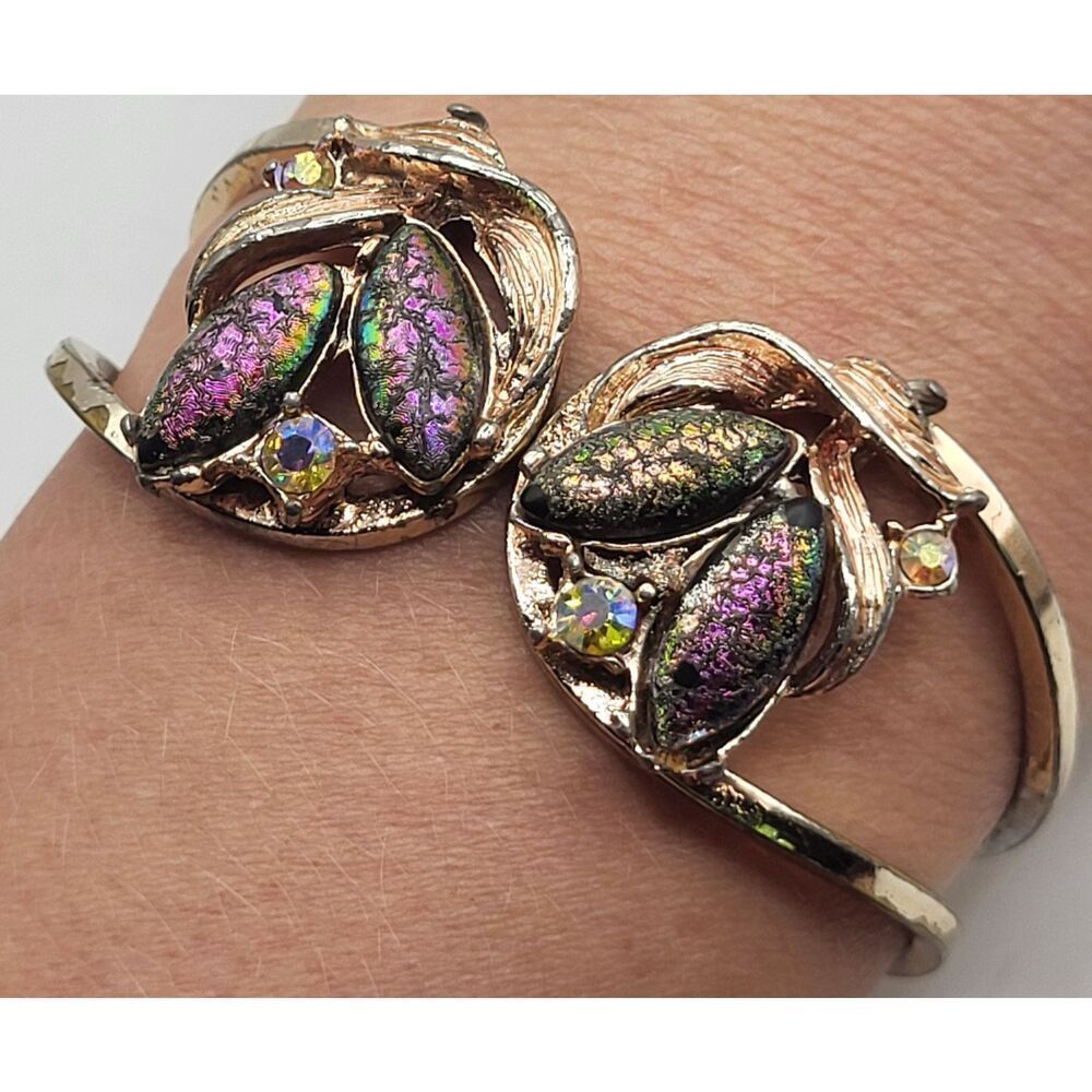 Retro Statement Hinged Clamper Bracelet Lava Rock Rhinestones Cuff Bangle 2.5in